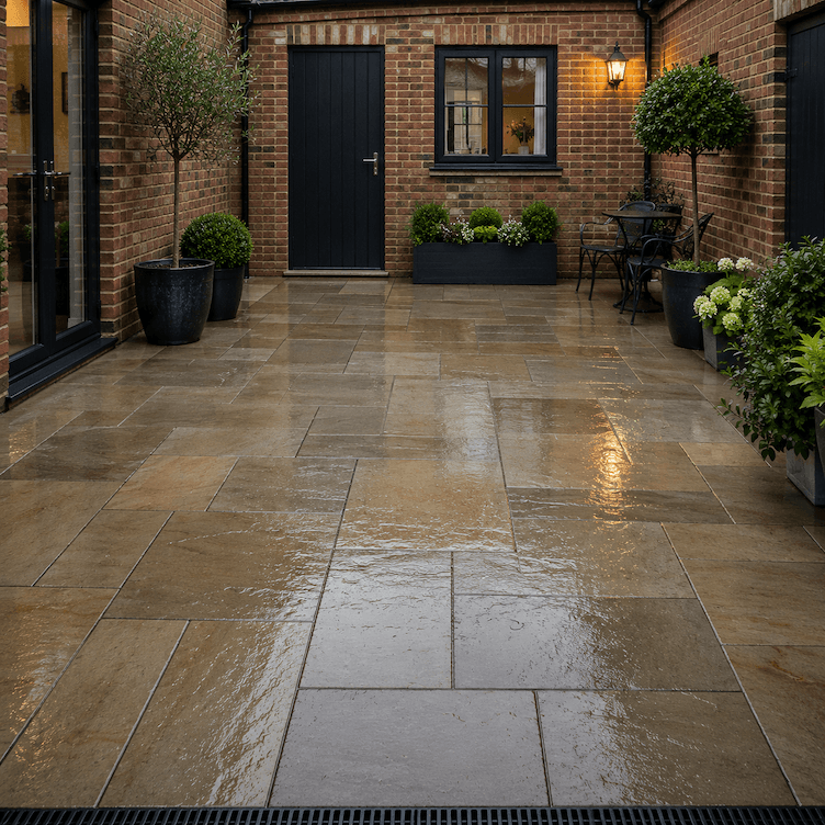Restored courtyard paving after jet washing