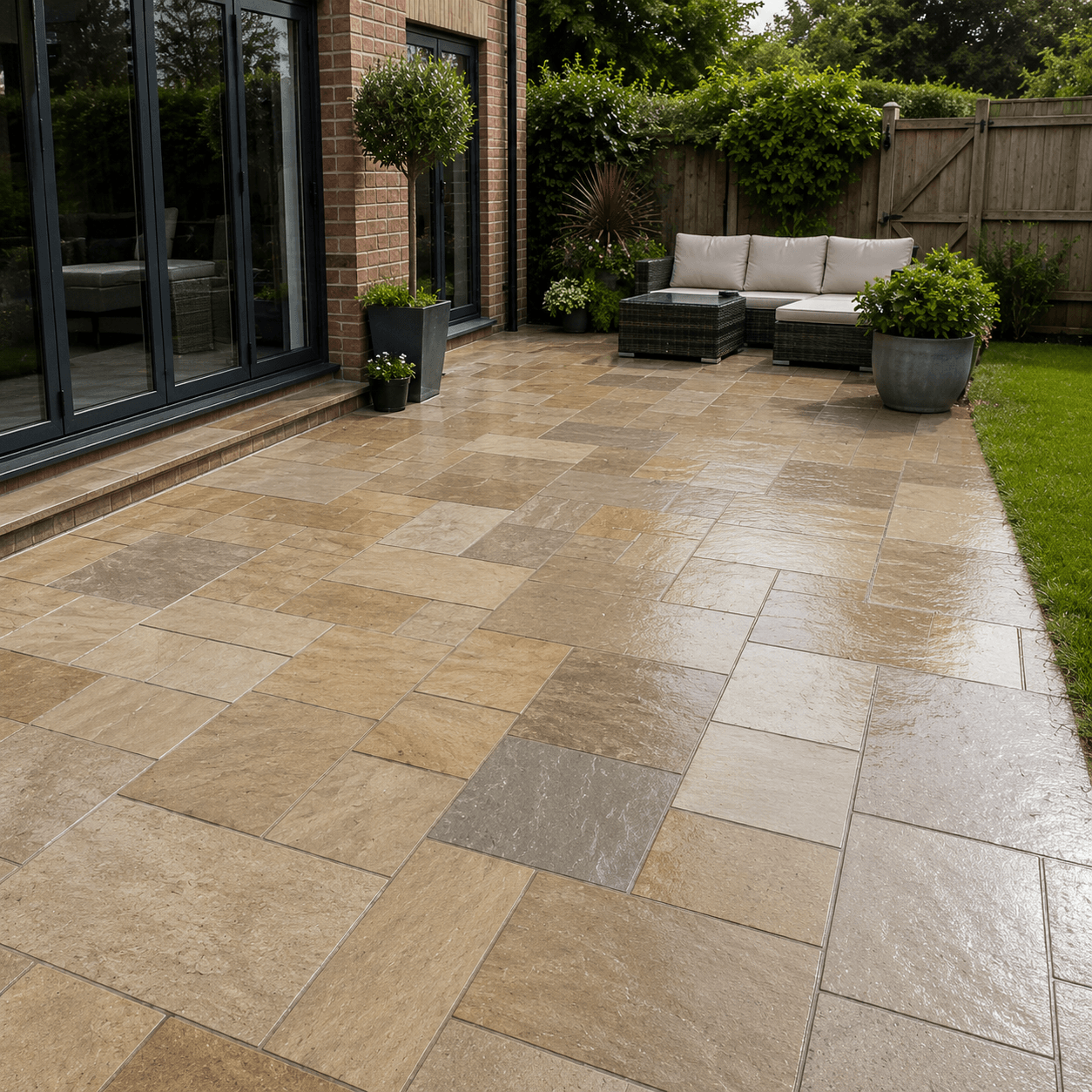 Restored stone patio after professional jet washing