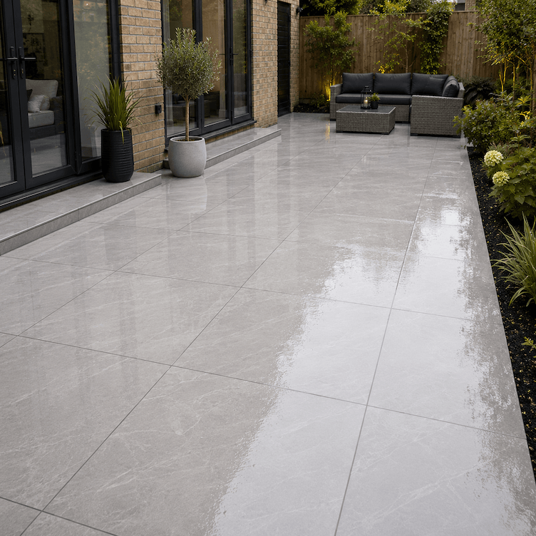 Clean porcelain patio after jet washing