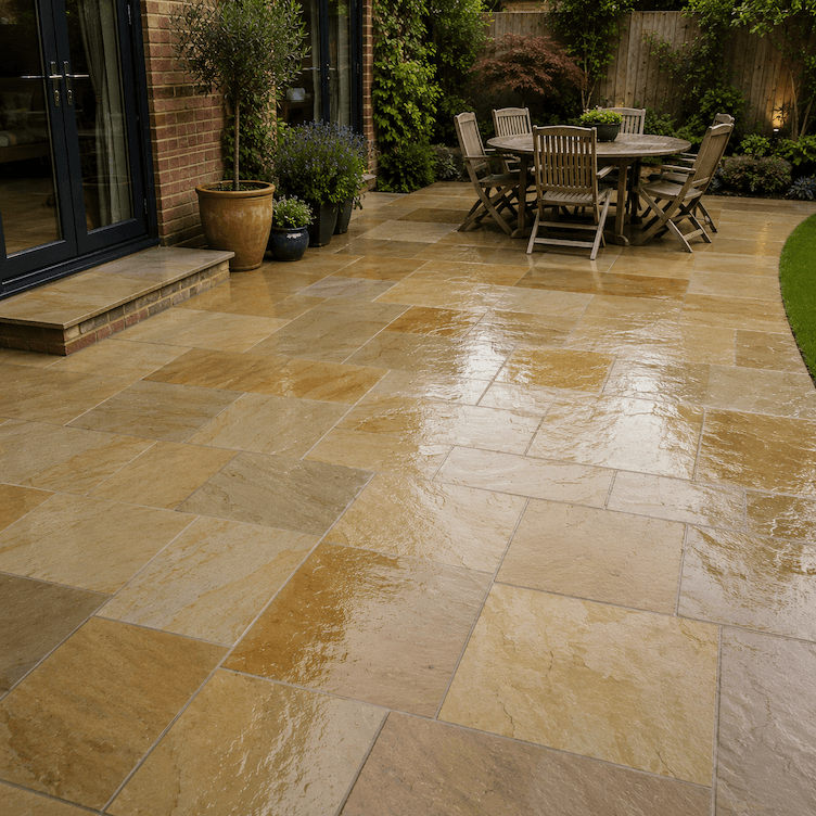 Clean sandstone patio after jet washing