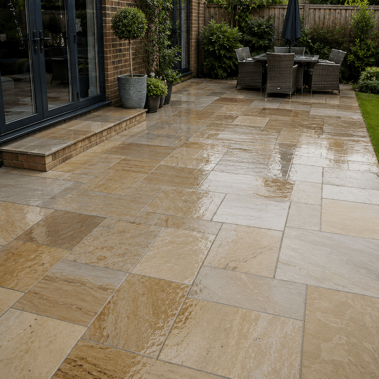 Restored stone patio after jet washing
